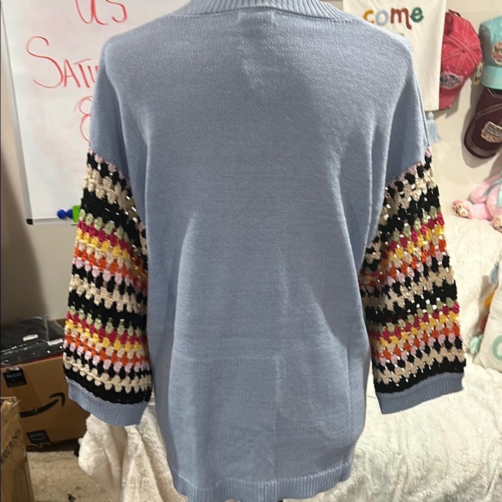 JODIFL Blue Sweater with Colorful Crochet Sleeves - Picture 4 of 8